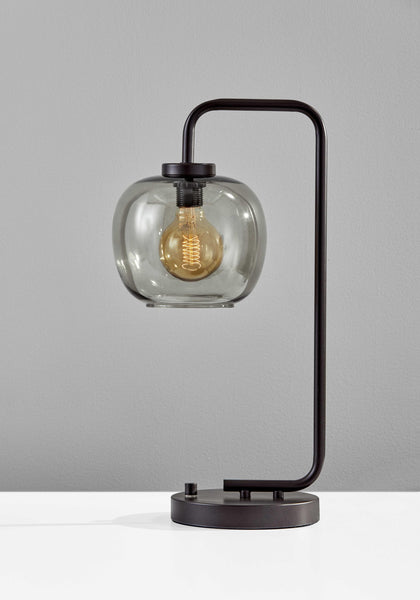 Smoked Glass Globe Shade with Vintage Edison Bulb and Matte Black Metal Arc Table Lamp