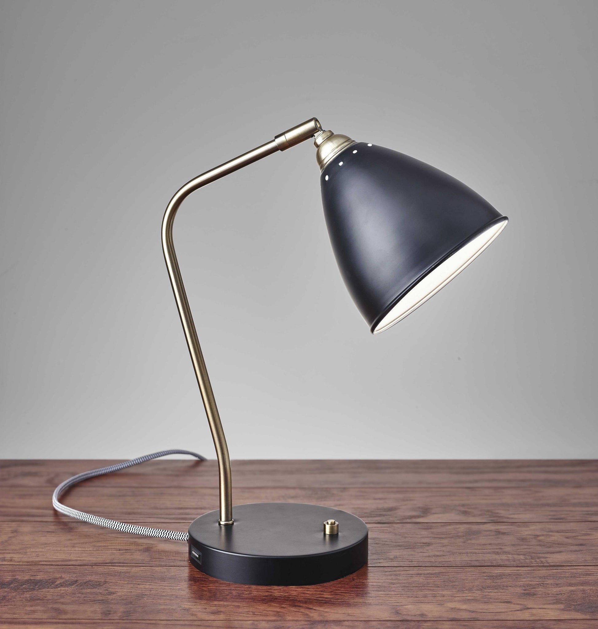 Black Metal and Antique Brass Adjustable USB Port Desk Lamp