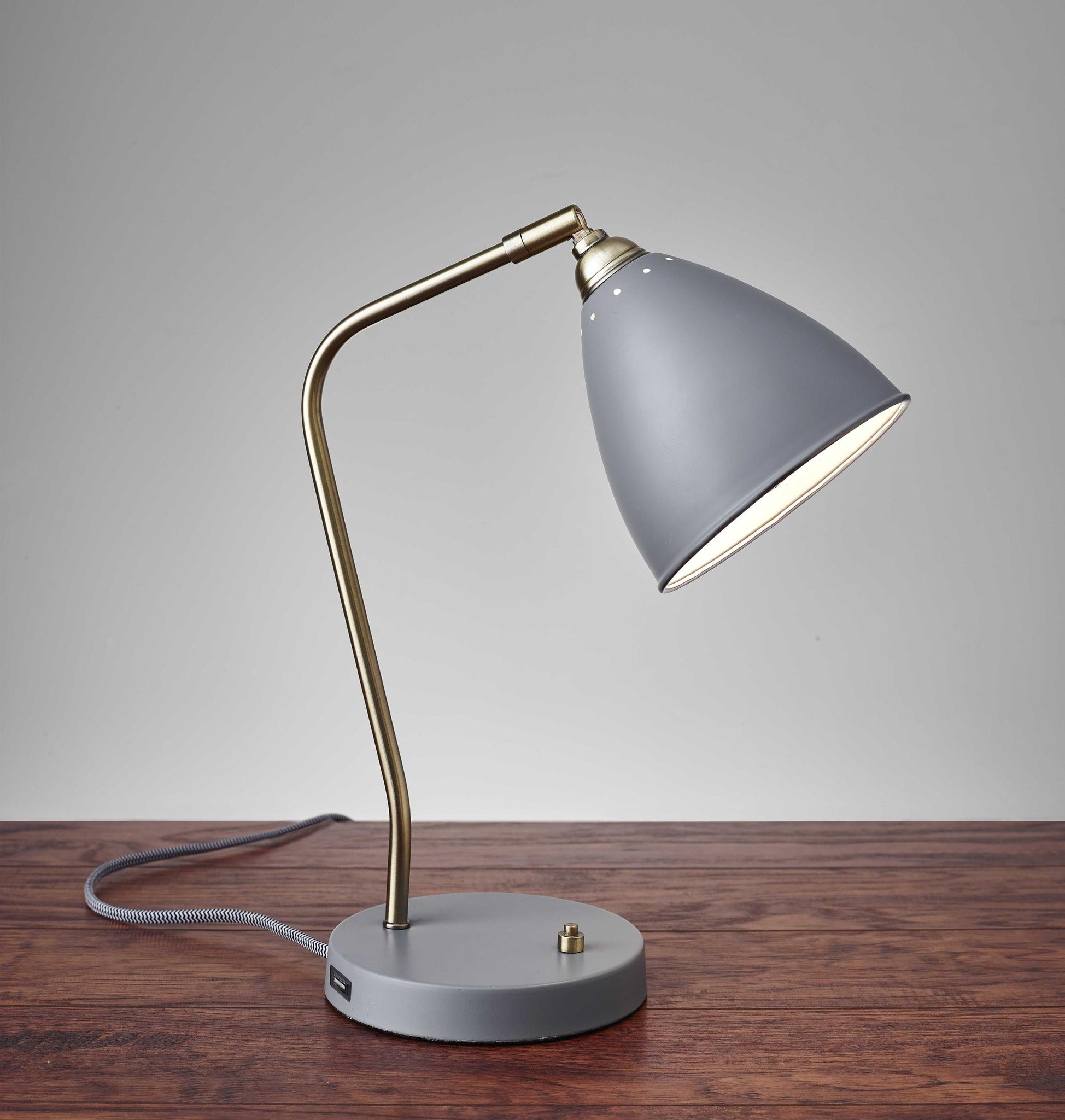 Grey Metal and Antique Brass Adjustable USB Port Desk Lamp