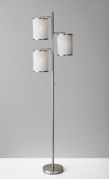 Three Light Floor Lamp Brushed Steel with White Fabric Lanterns