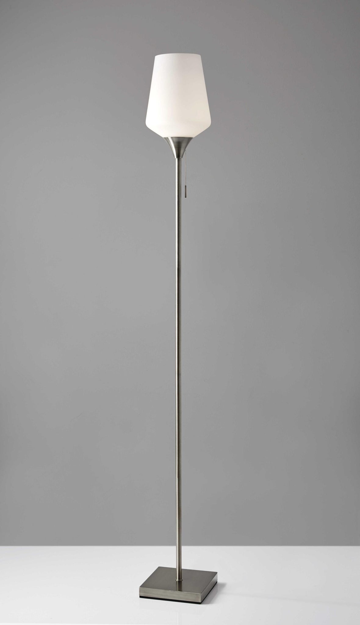 Brushed Steel Floor Lamp With White Opal Wine Glass Shade