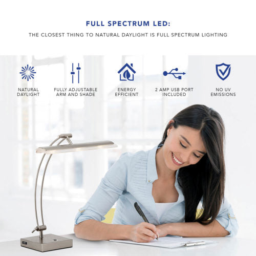 Wide Angle Adjustable Brushed Steel Metal LED Desk Lamp