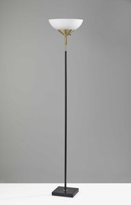 Sleek Torchiere Black Metal Frosted Alabaster Glass Shade