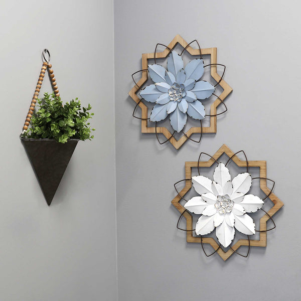 Metal White Flower &amp; Wood Frame Wall Art