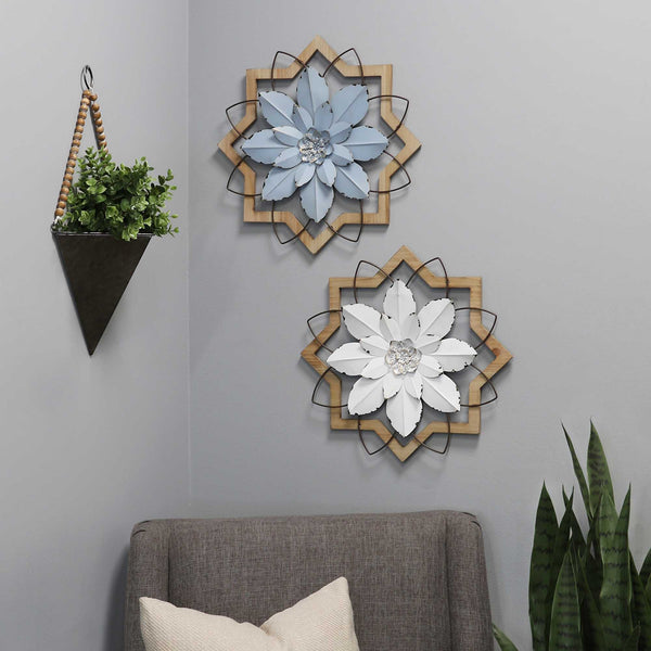 Metal White Flower &amp; Wood Frame Wall Art