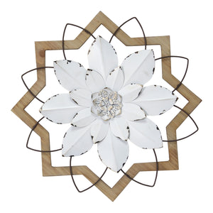 Metal White Flower &amp; Wood Frame Wall Art