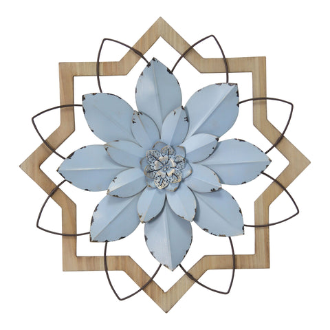 Light Blue Flower Metal and Wood Framed Wall Art