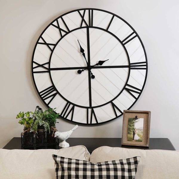 White Wood and Black Metal Wall Clock