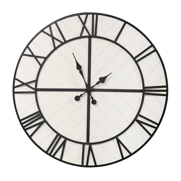 White Wood and Black Metal Wall Clock