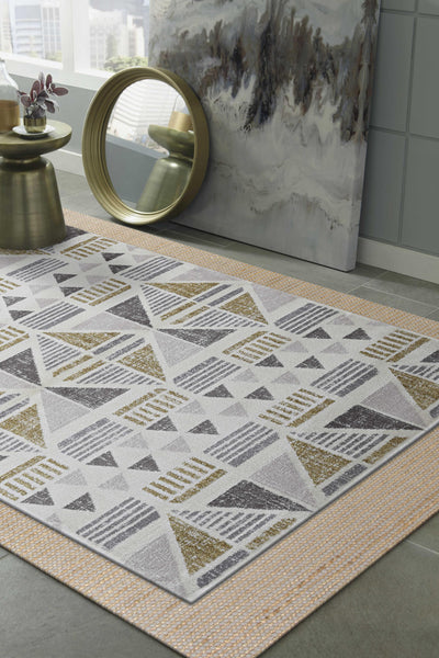 8' Ivory Gold Machine Woven Geometric Indoor Runner Rug