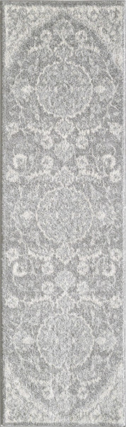 7' Grey Machine Woven Distressed Floral Medallion Indoor Runner Rug