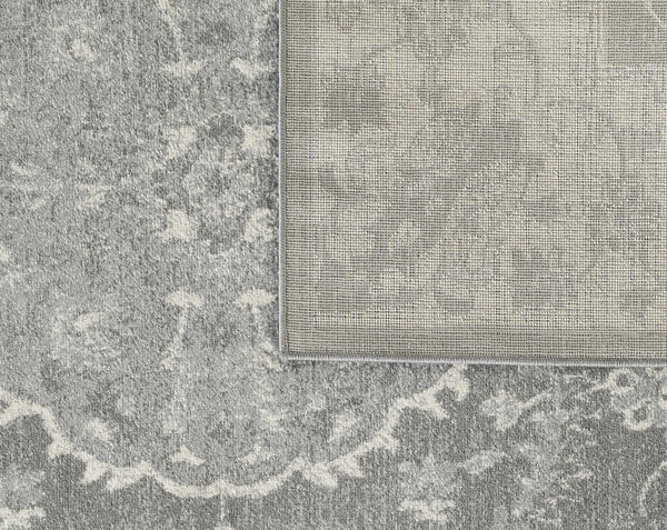 7' Grey Machine Woven Distressed Floral Medallion Indoor Runner Rug