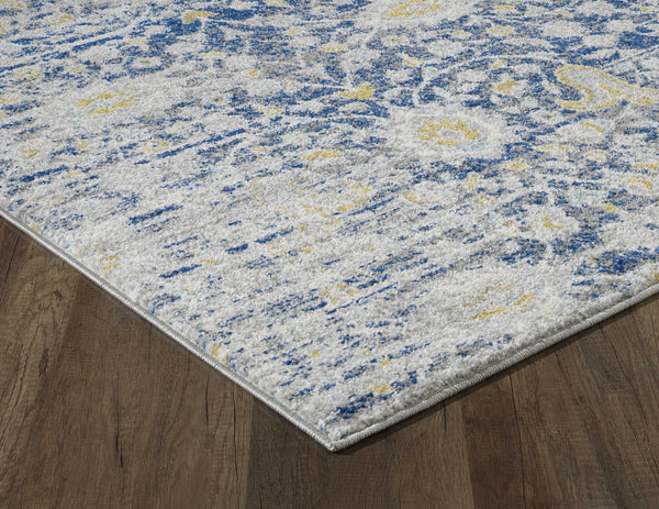 7' Blue Grey Machine Woven Distressed Floral Indoor Runner Rug