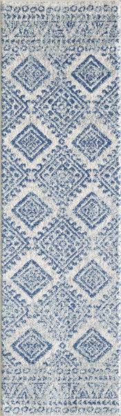 7' Ivory Blue Machine Woven Distressed Geometric Indoor Runner Rug