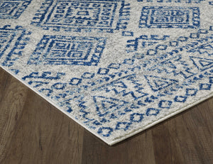 7' Ivory Blue Machine Woven Distressed Geometric Indoor Runner Rug