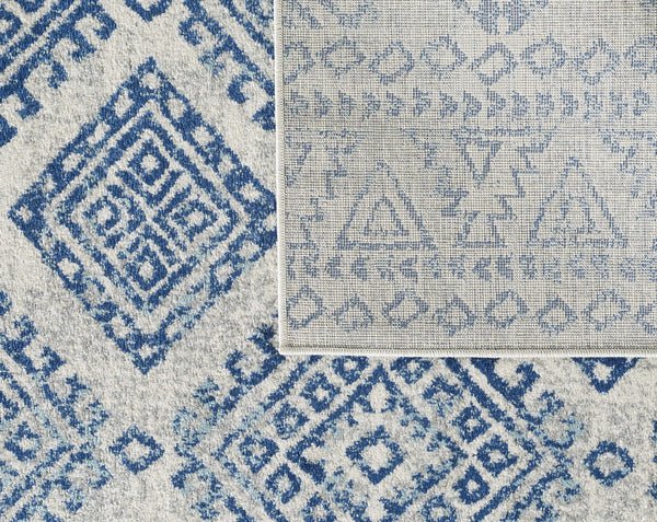 7' Ivory Blue Machine Woven Distressed Geometric Indoor Runner Rug