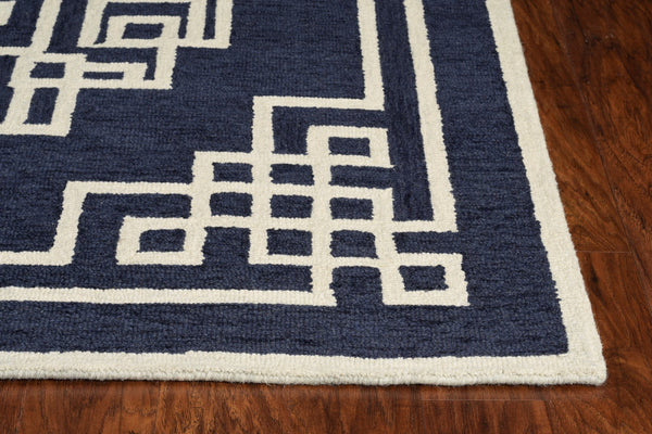 3'x5' Navy Blue Ivory Hand Tufted Greek Key Medallion Indoor Area Rug