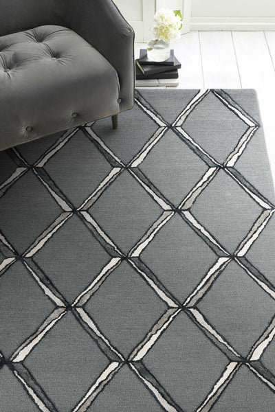 8' Charcoal Silver Hand Tufted Geometric Diamond Pattern Indoor Runner Rug