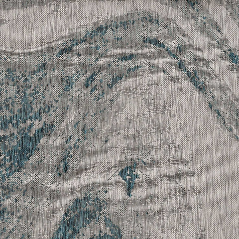 3'x5' Grey Teal Machine Woven UV Treated Abstract Waves Indoor Outdoor Area Rug