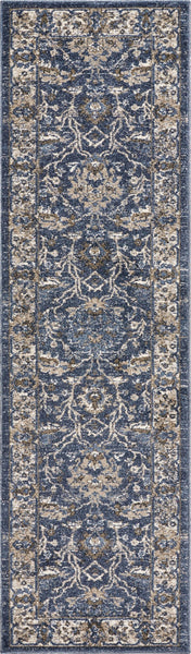 8' Denim Blue Machine Woven Bordered Floral Vines Indoor Runner Rug