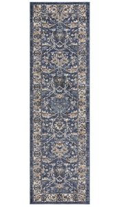 8' Denim Blue Machine Woven Bordered Floral Vines Indoor Runner Rug