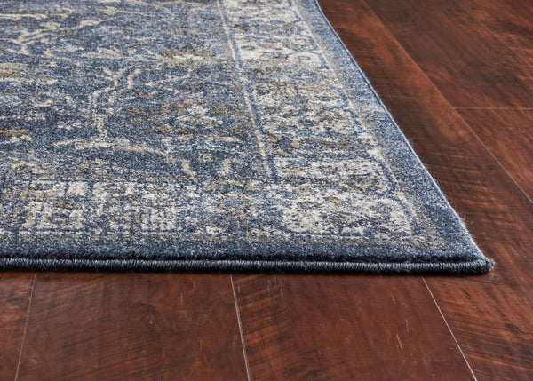 8' Denim Blue Machine Woven Bordered Floral Vines Indoor Runner Rug