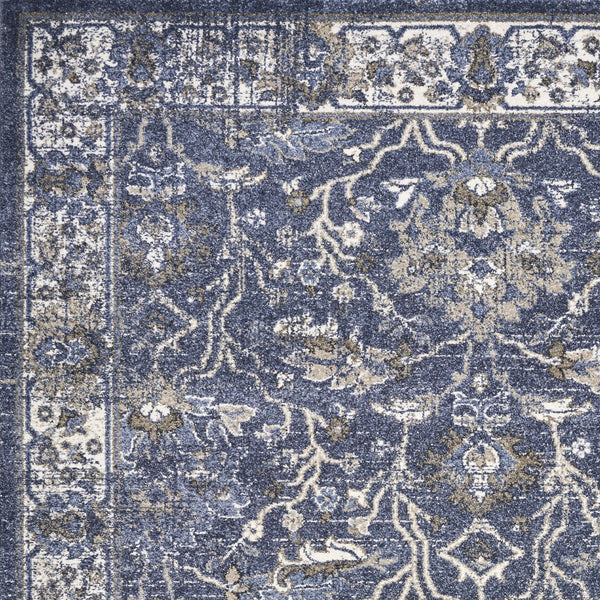 8' Denim Blue Machine Woven Bordered Floral Vines Indoor Runner Rug