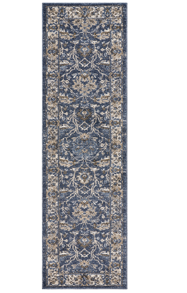 8' Denim Blue Machine Woven Bordered Floral Vines Indoor Runner Rug