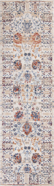 8' Beige Machine Woven Bordered Floral Indoor Runner Rug