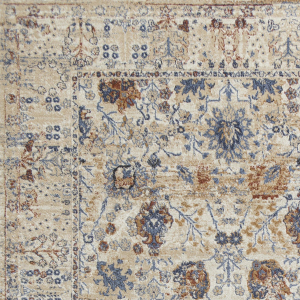 8' Beige Machine Woven Bordered Floral Indoor Runner Rug