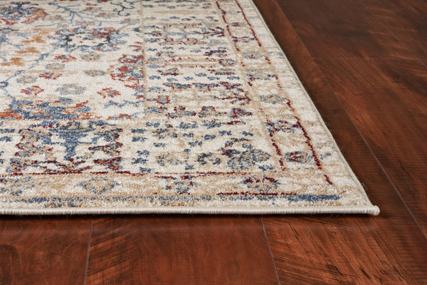 8' Beige Machine Woven Bordered Floral Indoor Runner Rug