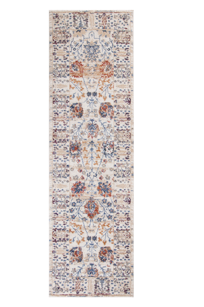 8' Beige Machine Woven Bordered Floral Indoor Runner Rug