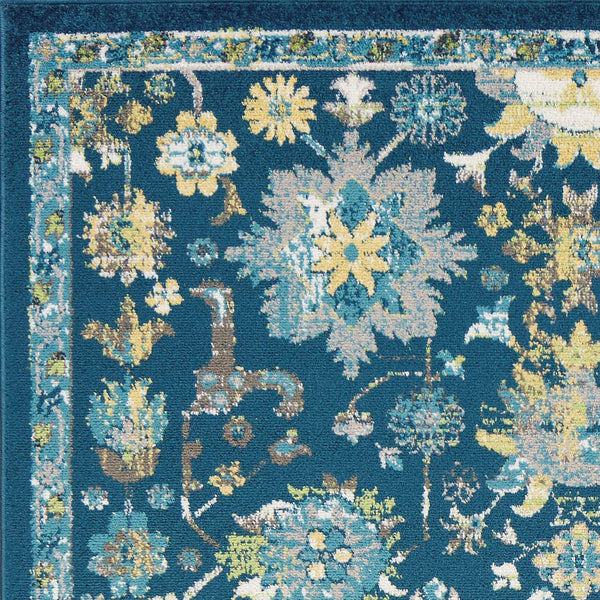 7' Teal Blue Machine Woven Floral Traditional Indoor Runner Rug