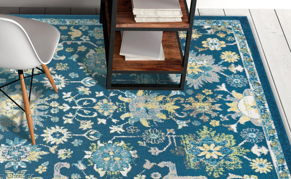 7' Teal Blue Machine Woven Floral Traditional Indoor Runner Rug