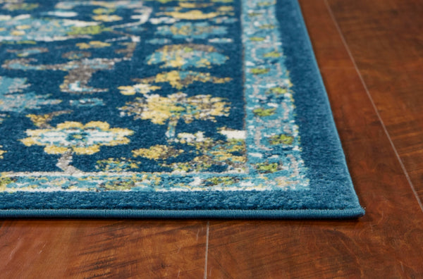 7' Teal Blue Machine Woven Floral Traditional Indoor Runner Rug