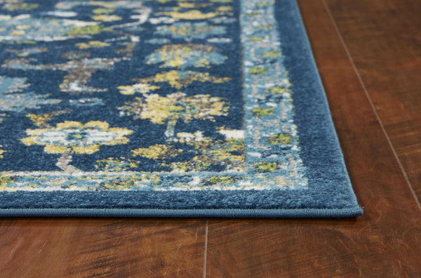 7' Teal Blue Machine Woven Floral Traditional Indoor Runner Rug