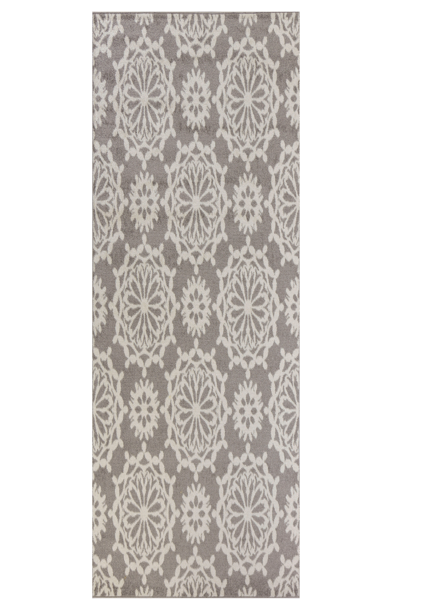 7' Grey Ivory Machine Woven Floral Indoor Runner Rug