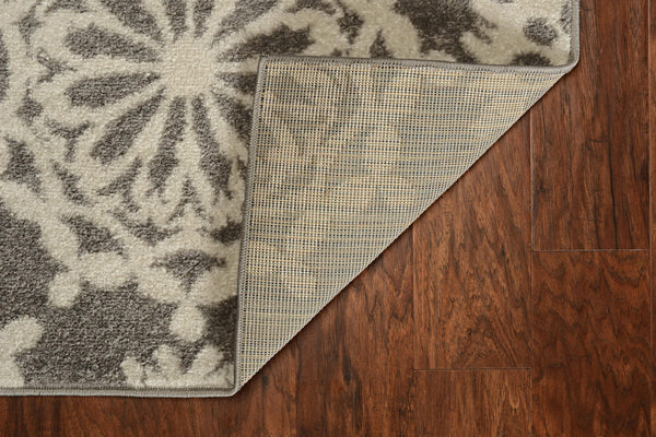 7' Grey Ivory Machine Woven Floral Indoor Runner Rug