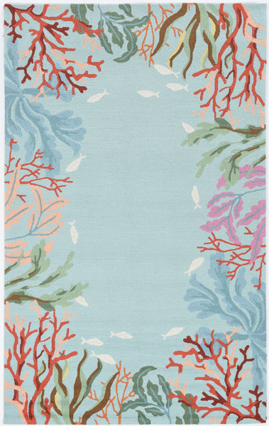 2'x4' Blue Hand Hooked Bordered Coral Reef Indoor Accent Rug