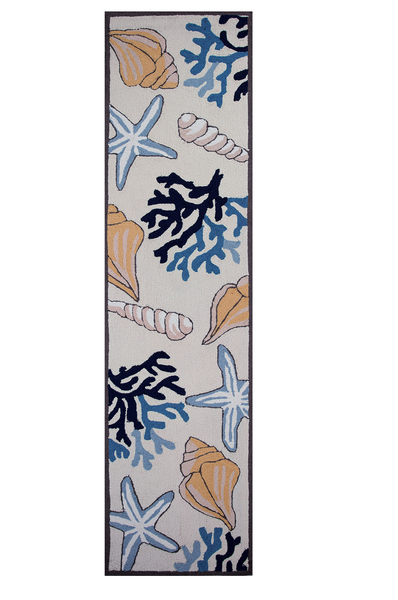 8' Ivory Hand Hooked Sea Corals And Shells Indoor Runner Rug