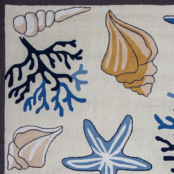 3'x5' Ivory Hand Hooked Sea Corals And Shells Indoor Area Rug