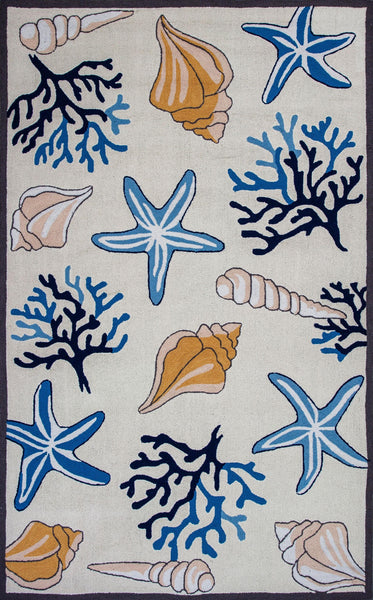 3'x5' Ivory Hand Hooked Sea Corals And Shells Indoor Area Rug