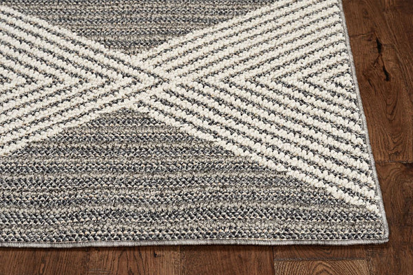 8' Grey Ivory Machine Woven UV Treated Diamonds Indoor Outdoor Runner Rug