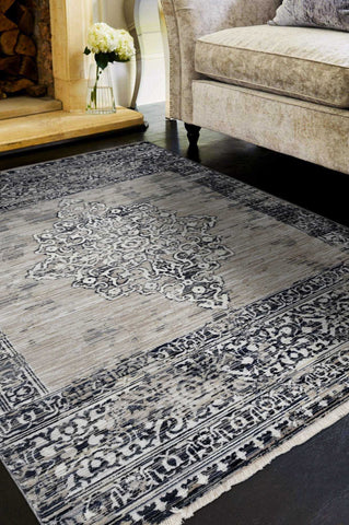 5' x 8' Sand or Charcoal Medallion Bordered Area Rug