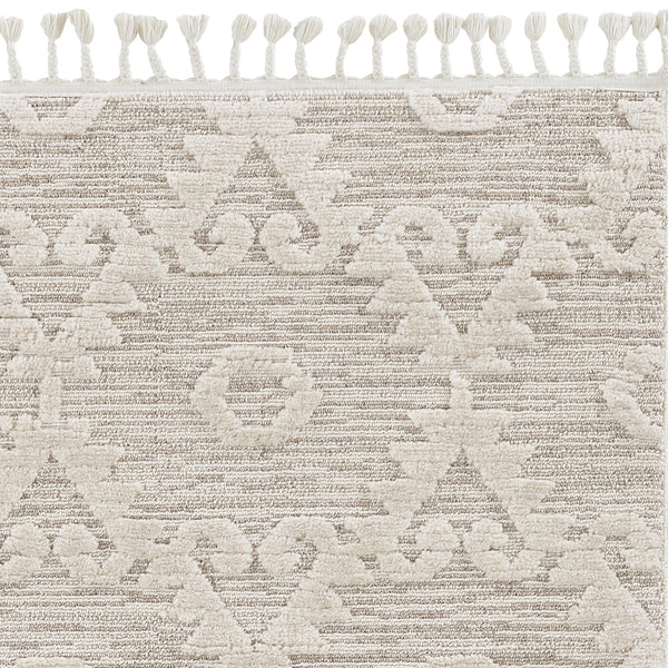 8' Ivory Beige Machine Woven Geometric With Fringe Indoor Runner Rug