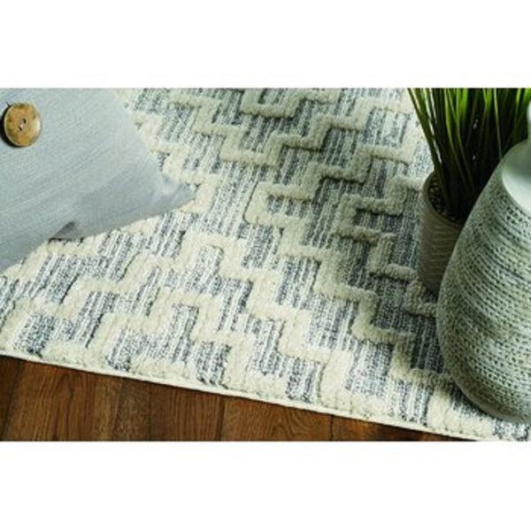 8' Ivory Grey Machine Woven Geometric With Fringe Indoor Runner Rug