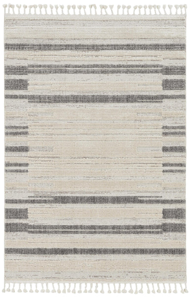 8' Ivory Grey Machine Woven Abstract Lines With Fringe Indoor Runner Rug