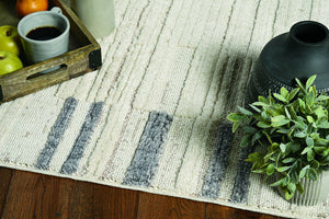 8' Ivory Grey Machine Woven Abstract Lines With Fringe Indoor Runner Rug