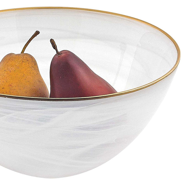 10" Hand Crafted White Gold Glass Fruit or Salad Bowl With Gold Rim