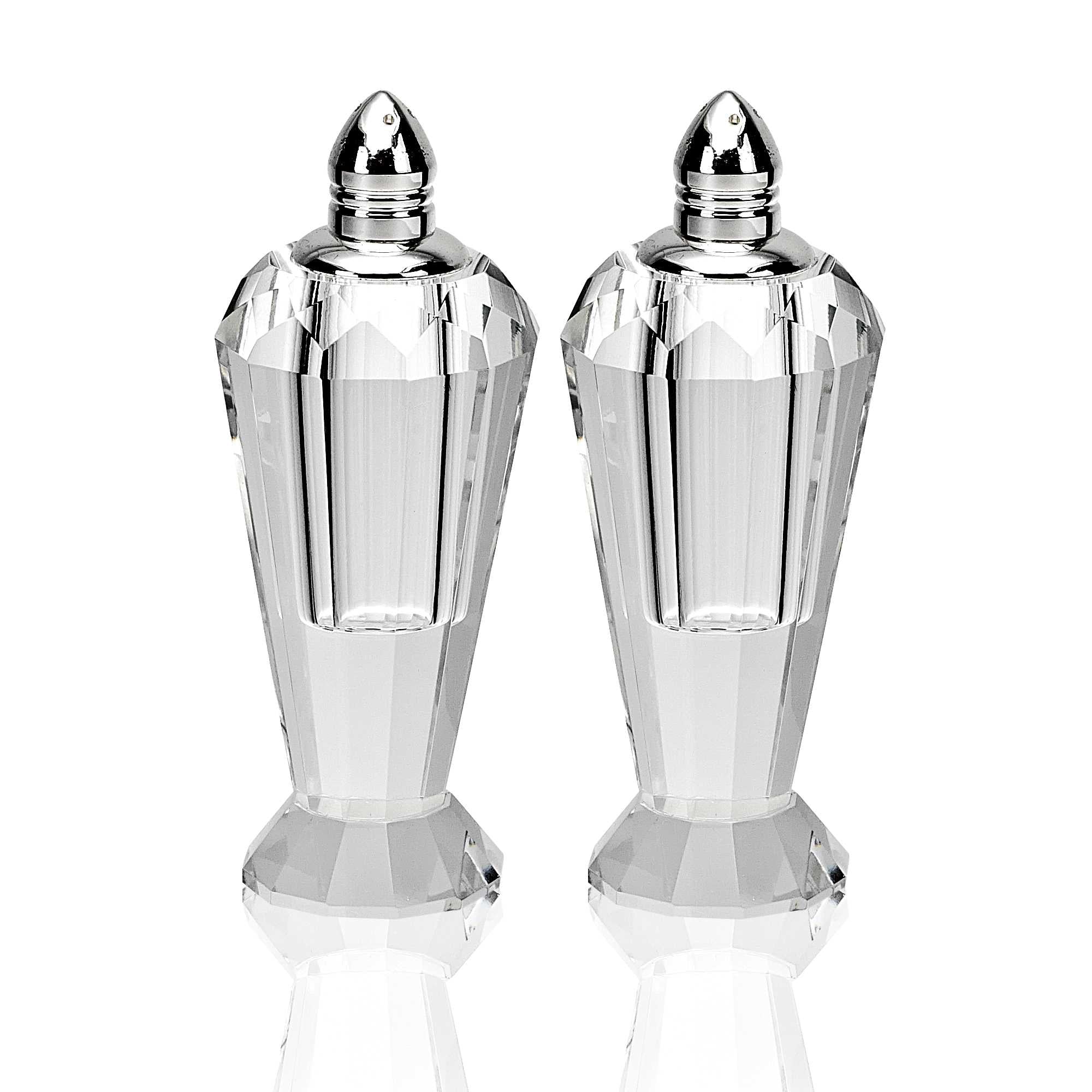 Handcrafted Optical Crystal and Silver Pair of Salt and Pepper Shakers